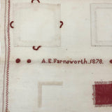 SOLD A.E. Farnsworth's 1878 Linen Mending and Darning Schoolwork Sampler in Red