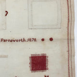 SOLD A.E. Farnsworth's 1878 Linen Mending and Darning Schoolwork Sampler in Red