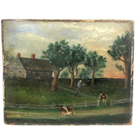 Farm Scene with Two Cows and Man with Rifle, Antique Folk Art Oil on Board Painting