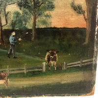Farm Scene with Two Cows and Man with Rifle, Antique Folk Art Oil on Board Painting