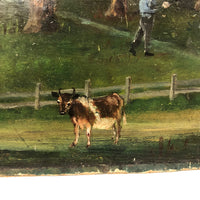 Farm Scene with Two Cows and Man with Rifle, Antique Folk Art Oil on Board Painting
