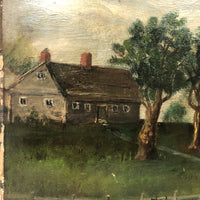 Farm Scene with Two Cows and Man with Rifle, Antique Folk Art Oil on Board Painting