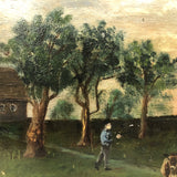 Farm Scene with Two Cows and Man with Rifle, Antique Folk Art Oil on Board Painting