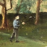 Farm Scene with Two Cows and Man with Rifle, Antique Folk Art Oil on Board Painting