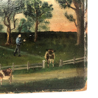 Farm Scene with Two Cows and Man with Rifle, Antique Folk Art Oil on Board Painting