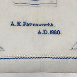 SOLD A.E. Farnsworth's 1880 Linen Sewing and Darning Schoolwork Sampler in Blue