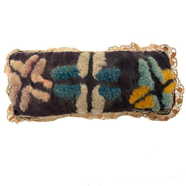 Large Antique Handmade Tufted Wool Pin Cushion with Hand-Tatted Border