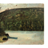 Sweet c. 1920s Fred Abbott Naive Painting of Bear Mountain and Pond, with Canoe