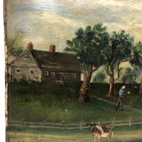 Farm Scene with Two Cows and Man with Rifle, Antique Folk Art Oil on Board Painting