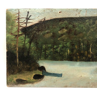Sweet c. 1920s Fred Abbott Naive Painting of Bear Mountain and Pond, with Canoe