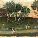 Farm Scene with Two Cows and Man with Rifle, Antique Folk Art Oil on Board Painting