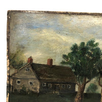 Farm Scene with Two Cows and Man with Rifle, Antique Folk Art Oil on Board Painting