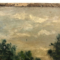 Farm Scene with Two Cows and Man with Rifle, Antique Folk Art Oil on Board Painting