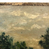 Farm Scene with Two Cows and Man with Rifle, Antique Folk Art Oil on Board Painting