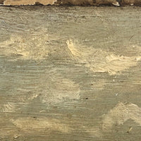 Farm Scene with Two Cows and Man with Rifle, Antique Folk Art Oil on Board Painting