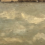 Farm Scene with Two Cows and Man with Rifle, Antique Folk Art Oil on Board Painting