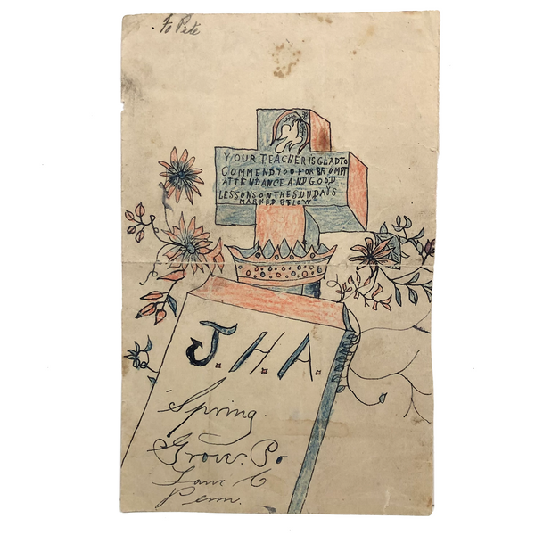 Your Teacher is Glad to Commend You...Curious JH Adair 1905 Tombstone Drawing with Cross, and Crown