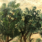 Farm Scene with Two Cows and Man with Rifle, Antique Folk Art Oil on Board Painting