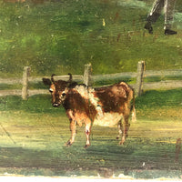 Farm Scene with Two Cows and Man with Rifle, Antique Folk Art Oil on Board Painting