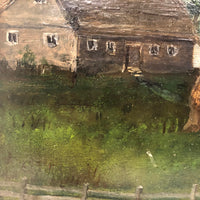Farm Scene with Two Cows and Man with Rifle, Antique Folk Art Oil on Board Painting