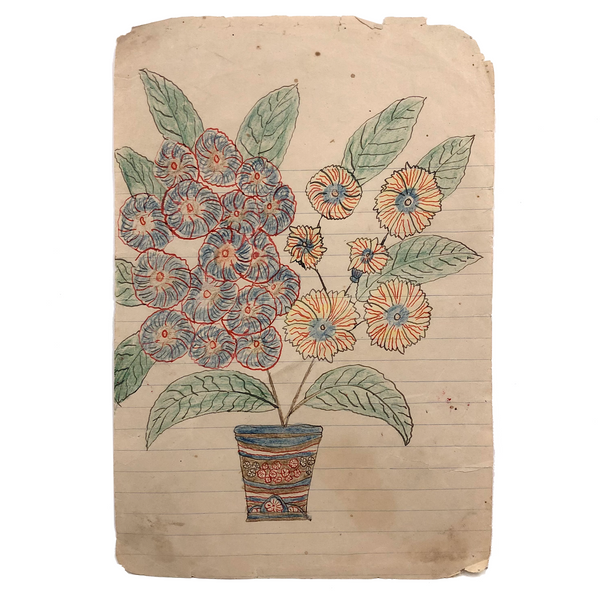 One More JH Adair Ink and Crayon Bouquet in Decorated Pot, 1905, Spring Grove, Pennsylvania