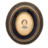 Mid 19th C. Watercolor Portrait of Catherine Leida Hibbard, Richmond, Indiana in Wonderful Period Frame