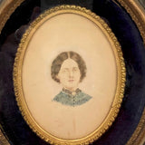 Mid 19th C. Watercolor Portrait of Catherine Leida Hibbard, Richmond, Indiana in Wonderful Period Frame