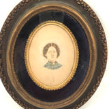 Mid 19th C. Watercolor Portrait of Catherine Leida Hibbard, Richmond, Indiana in Wonderful Period Frame