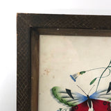 19th C. Theorem Watercolor of Butterfly in Antique Carved Folk Art Frame