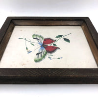 19th C. Theorem Watercolor of Butterfly in Antique Carved Folk Art Frame