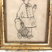 School Girl Graphite Drawing of Girl and Doll, 19th C.