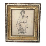 School Girl Graphite Drawing of Girl and Doll, 19th C.