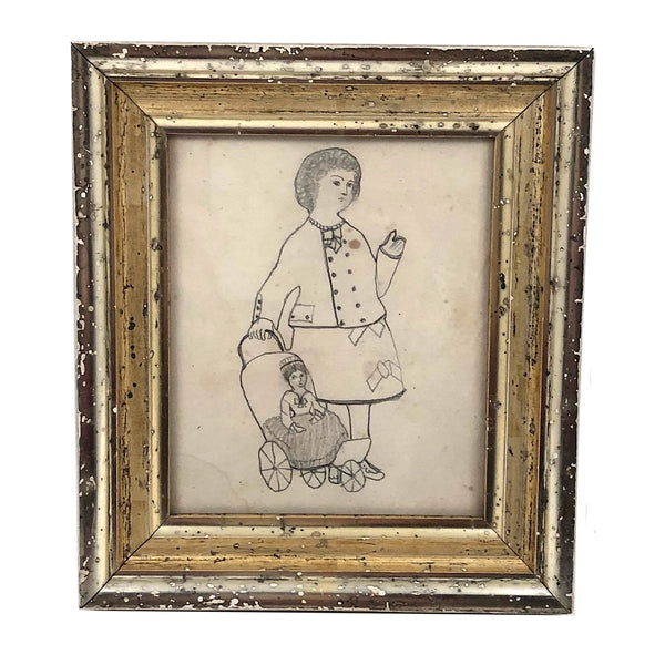 School Girl Graphite Drawing of Girl and Doll, 19th C.