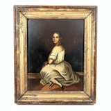 Blushing Young Woman in White with Tiny Dog, Marvelous Early 19th Century Painting on Tin