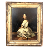 Blushing Young Woman in White with Tiny Dog, Marvelous Early 19th Century Painting on Tin