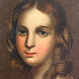 Blushing Young Woman in White with Tiny Dog, Marvelous Early 19th Century Painting on Tin