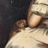 Blushing Young Woman in White with Tiny Dog, Marvelous Early 19th Century Painting on Tin