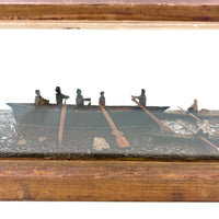 Arctic Boats with Carved Figures and Moss Covered Shore, C. 1920s-30s Diorama in Handmade Wood and Glass Vitrine