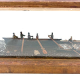 Arctic Boats with Carved Figures and Moss Covered Shore, C. 1920s-30s Diorama in Handmade Wood and Glass Vitrine