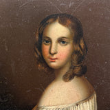 Blushing Young Woman in White with Tiny Dog, Marvelous Early 19th Century Painting on Tin
