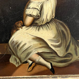 Blushing Young Woman in White with Tiny Dog, Marvelous Early 19th Century Painting on Tin