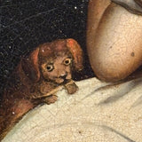 Blushing Young Woman in White with Tiny Dog, Marvelous Early 19th Century Painting on Tin