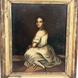 Blushing Young Woman in White with Tiny Dog, Marvelous Early 19th Century Painting on Tin