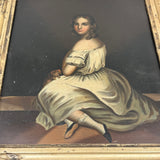Blushing Young Woman in White with Tiny Dog, Marvelous Early 19th Century Painting on Tin
