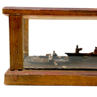 Arctic Boats with Carved Figures and Moss Covered Shore, C. 1920s-30s Diorama in Handmade Wood and Glass Vitrine