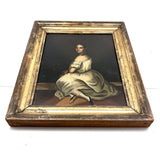 Blushing Young Woman in White with Tiny Dog, Marvelous Early 19th Century Painting on Tin