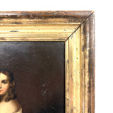 Blushing Young Woman in White with Tiny Dog, Marvelous Early 19th Century Painting on Tin