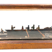 Arctic Boats with Carved Figures and Moss Covered Shore, C. 1920s-30s Diorama in Handmade Wood and Glass Vitrine