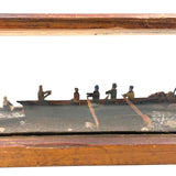 Arctic Boats with Carved Figures and Moss Covered Shore, C. 1920s-30s Diorama in Handmade Wood and Glass Vitrine