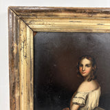 Blushing Young Woman in White with Tiny Dog, Marvelous Early 19th Century Painting on Tin